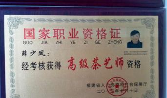 薛少凤荣获高级茶艺师资格证书